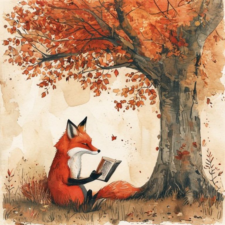 A fox reading beneath an autumn tree in a warm handmade storybook style